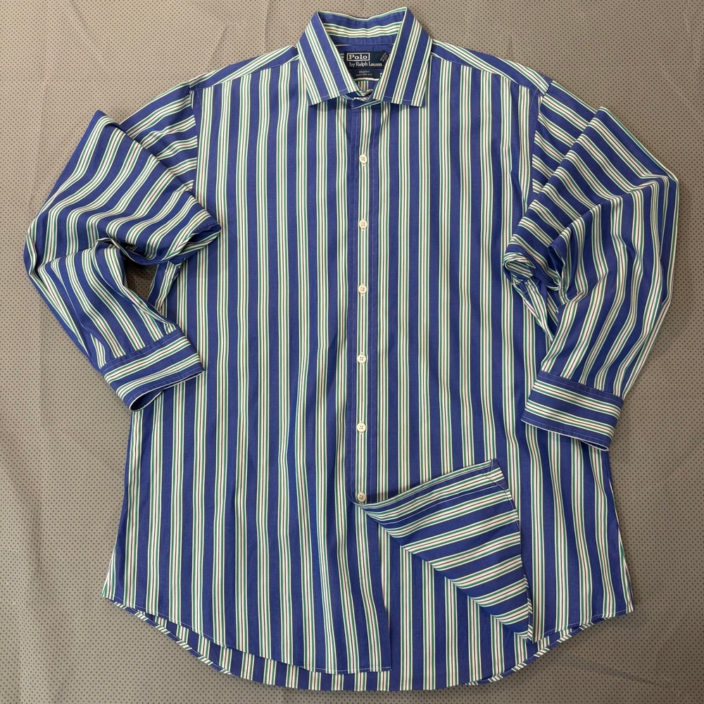Polo Ralph Lauren Shirt Mens 17 Blue Striped Regent Custom Fit Button Up